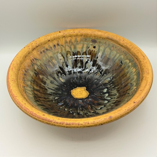 Click to view detail for #230129 Bowl Yellow/Tan/Grn Swirl 9.5x4.75 $28